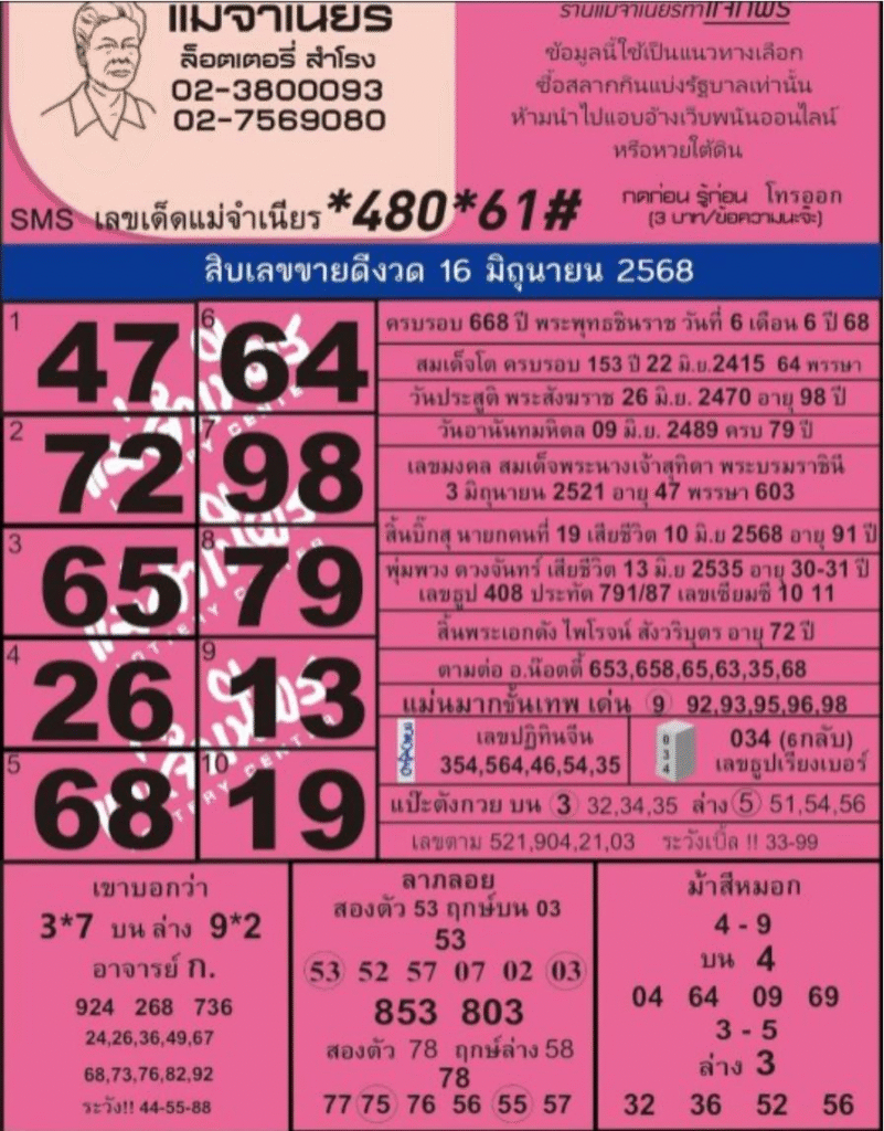 หวยแม่จำเนียร 16/6/68